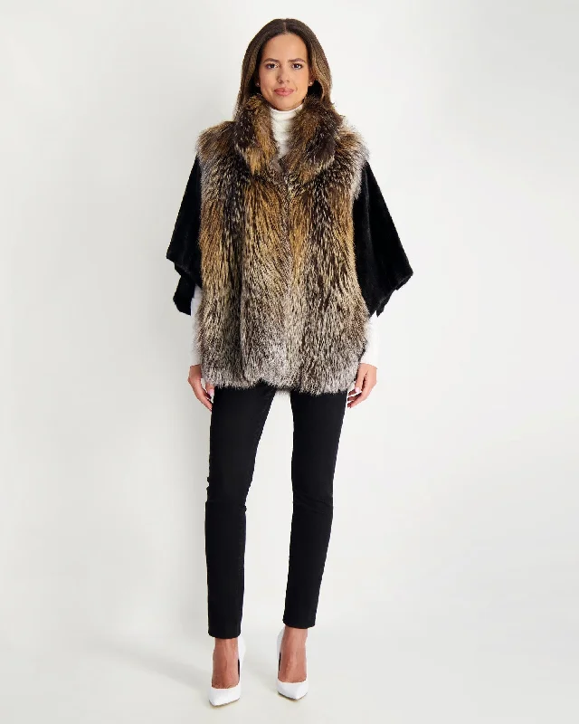 Fox Jacket with Mink Sleeves Beaded Sequined Faux Fur
