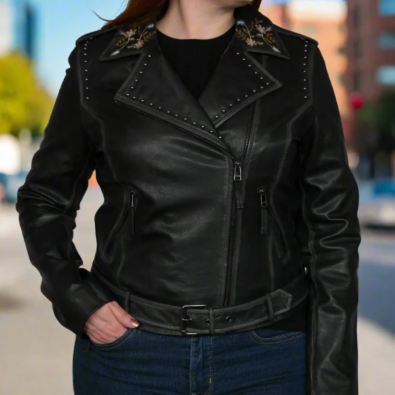 Women's Lamb Leather Jacket with Floral Embroidery Welt Pockets Slit Pockets