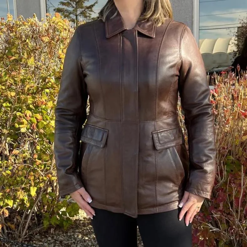 BOL Women's Princess Cut Leather Jacket Welt Pockets Slit Pockets Flap Pockets
