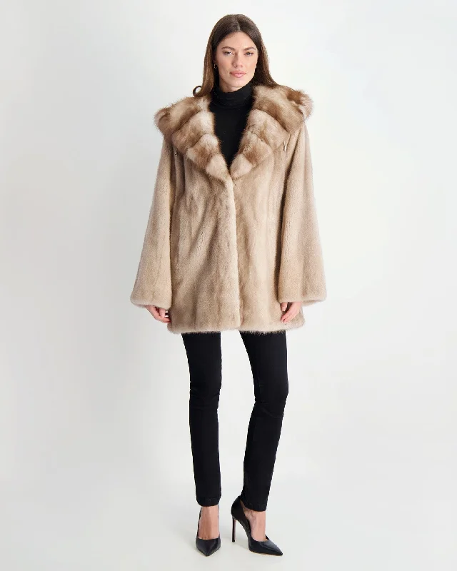 Mink Jacket with Stone Marten Hood Trim Jersey Fabric Tulle Fabric Batik Fabric