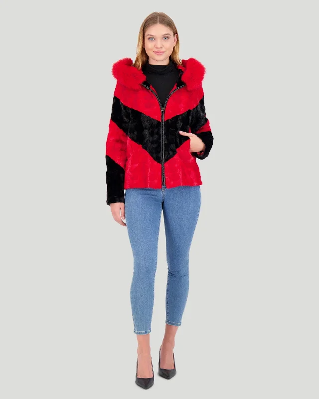 Mink Sections Jacket with Hood Plaid T-Shirt Polka Dot Checkered