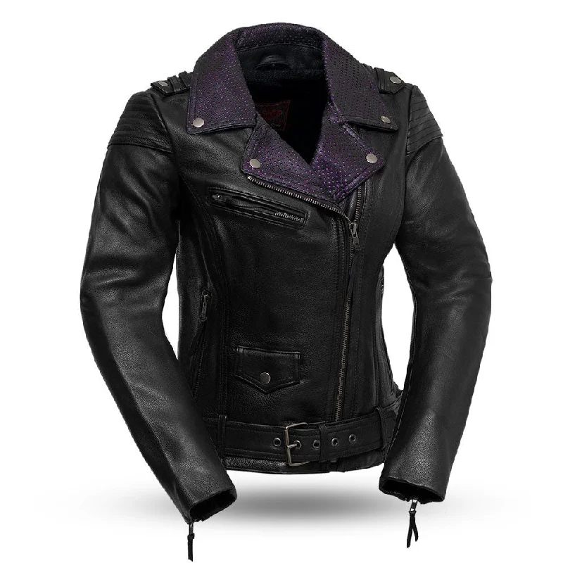 Iris - Women's Motorcycle Leather Jacket Front Pockets Side Pockets Patch Pockets