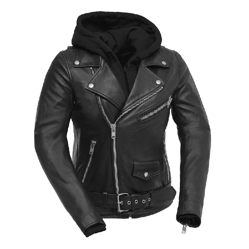 Ryman - Women's Motorcycle Leather Jacket Notch Collar Peter Pan Collar Cowl Neck