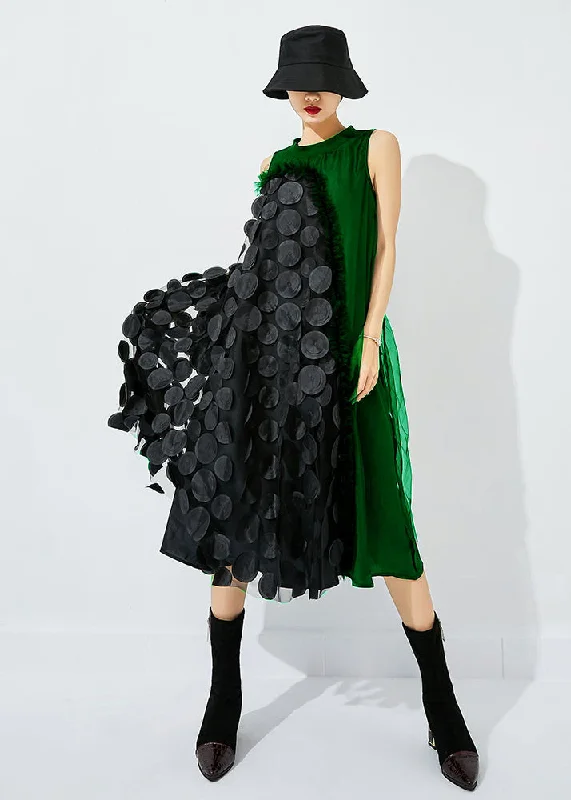 Bohemian Tea Green-Black Dot Asymmetrical Patchwork Wrinkled Tulle Maxi Dress Sleeveless Comfortable Cotton Maxi Dress Bohemian Tea Green-Black Dot Asymmetrical Patchwork Wrinkled Tulle Maxi Dress Sleeveless Comfortable Cotton Maxi Dress