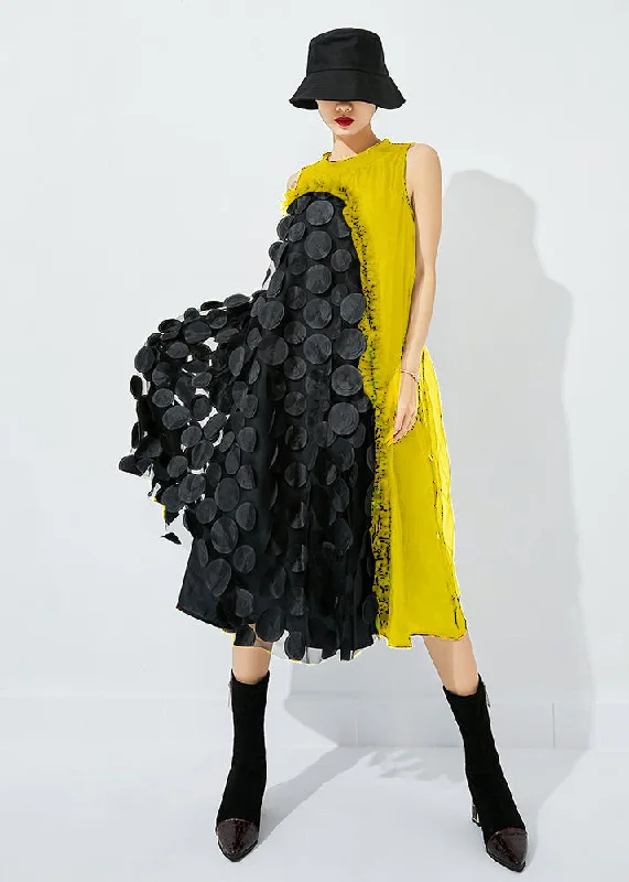 Bohemian Yellow-Black Dot Asymmetrical Patchwork Wrinkled Tulle Maxi Dress Sleeveless Comfortable Casual Maxi Dress Bohemian Yellow-Black Dot Asymmetrical Patchwork Wrinkled Tulle Maxi Dress Sleeveless Comfortable Casual Maxi Dress