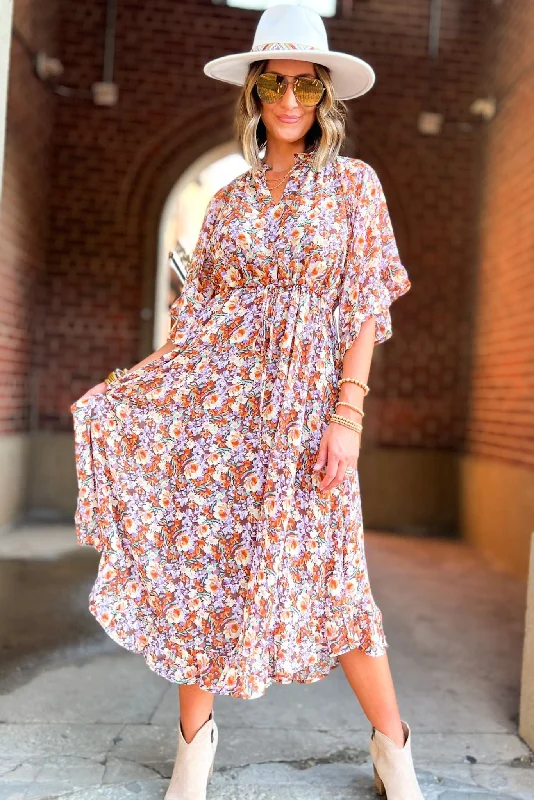 Brown Floral V Neck Flowy Sleeve Maxi Dress Cozy Cold-Shoulder Maxi Dress