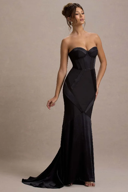 Custom | Black Satin Sweetheart Corset Fishtail Maxi Dress Elegant Maxi Dress with Slit Custom | Black Satin Sweetheart Corset Fishtail Maxi Dress Elegant Maxi Dress with Slit