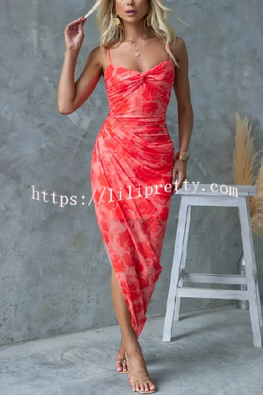 Saloni Mesh Floral Print Twist Ruched Detail Irregular Hem Stretch Maxi Dress Comfortable Fit-and-Flare Maxi Dress Saloni Mesh Floral Print Twist Ruched Detail Irregular Hem Stretch Maxi Dress Comfortable Fit-and-Flare Maxi Dress