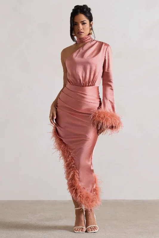 Dolce | Coral Satin Asymmetric One Sleeve Maxi Dress With Feather Trims Cozy Maxi Dress with Slit Dolce | Coral Satin Asymmetric One Sleeve Maxi Dress With Feather Trims Cozy Maxi Dress with Slit