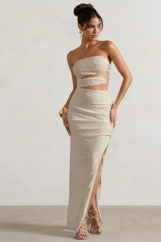 Dominica | Ecru Textured Bandeau Cut-Out Split Maxi Dress Trendy Ruffled Maxi Dress