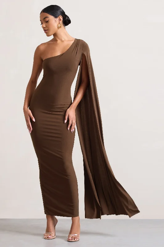 Dominique | Chocolate Brown One Shoulder Cape Sleeve Bodycon Maxi Dress Cozy Ruffle Sleeve Maxi Dress Dominique | Chocolate Brown One Shoulder Cape Sleeve Bodycon Maxi Dress Cozy Ruffle Sleeve Maxi Dress