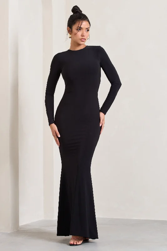Donna | Black Long-Sleeved Open-Back Maxi Dress Fashionable Layered Maxi Dress
