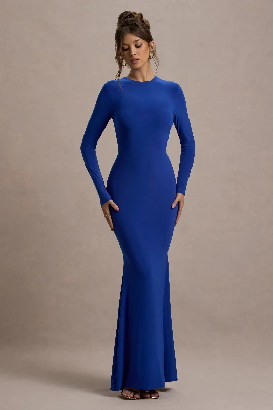 Donna | Cobalt Blue Long-Sleeved Open-Back Maxi Dress Elegant Floral Maxi Dress