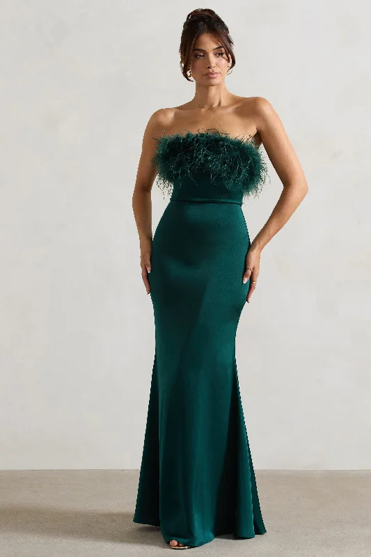 Dress For It | Bottle Green Satin Feather Trim Maxi Dress Stylish Longline Maxi Dress Dress For It | Bottle Green Satin Feather Trim Maxi Dress Stylish Longline Maxi Dress