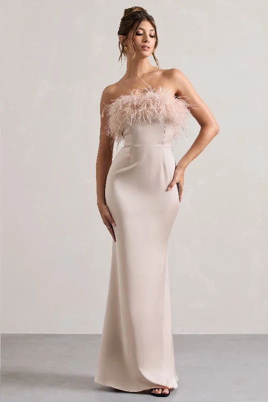 Dress For It | Champagne Satin Strapless Feather Trim Maxi Dress Cozy Longline Maxi Dress Dress For It | Champagne Satin Strapless Feather Trim Maxi Dress Cozy Longline Maxi Dress