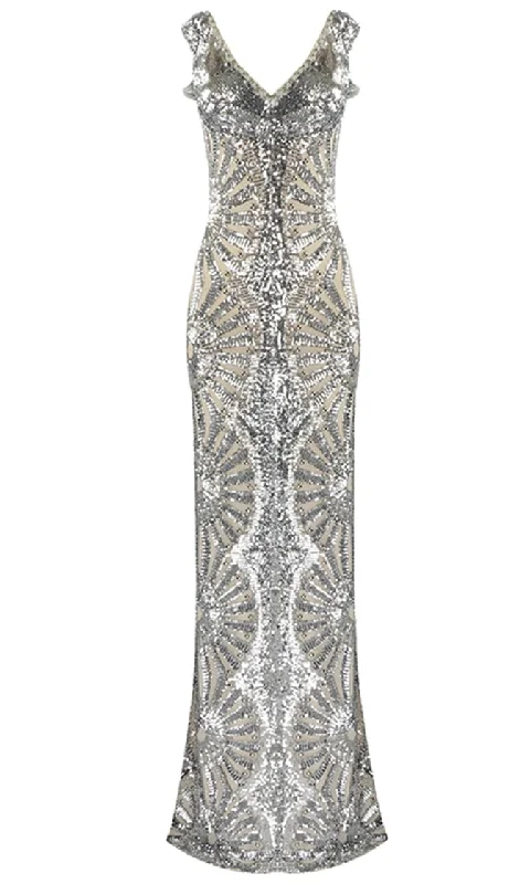 Dressed To The Nines Silver Sequin Geometric Pattern Cut Out Sleeveless V Neck Bodycon Maxi Dress Cozy Open-Back Maxi Dress Dressed To The Nines Silver Sequin Geometric Pattern Cut Out Sleeveless V Neck Bodycon Maxi Dress Cozy Open-Back Maxi Dress