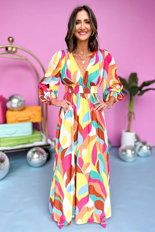 Fuchsia Abstract Printed Smocked Long Sleeve Maxi Dress Fashionable Off-Shoulder Maxi Dress