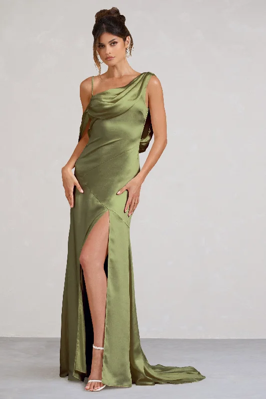 Jayne | Olive Satin Asymmetric Draped Split Maxi Dress Comfortable Ruffle Hem Maxi Dress Jayne | Olive Satin Asymmetric Draped Split Maxi Dress Comfortable Ruffle Hem Maxi Dress