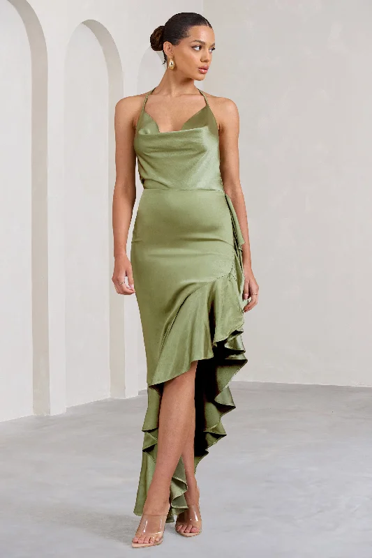 Lady Rosselini | Olive Strappy Asymmetric Ruffled Maxi Dress Stylish Maxi Dress with Frills Lady Rosselini | Olive Strappy Asymmetric Ruffled Maxi Dress Stylish Maxi Dress with Frills
