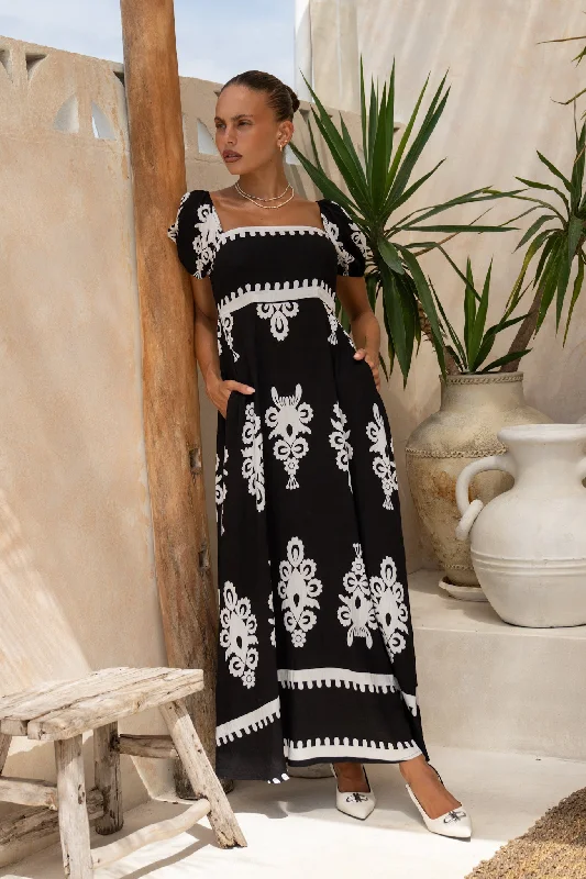 Luna Black Abstract Puff Sleeve Maxi Dress Casual Maxi Dress with Pockets