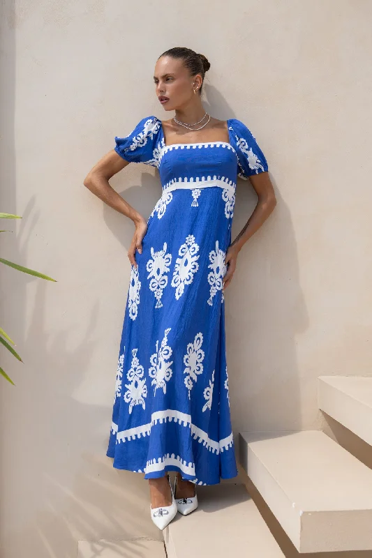 Lune Blue Abstract Puff Sleeve Maxi Dress Classic Strapless Maxi Dress
