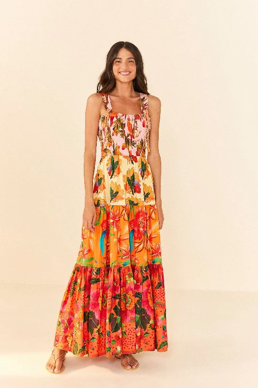 Mixed Warm Prints Organic Cotton Maxi Dress Fashionable Maxi Dress with Fringe