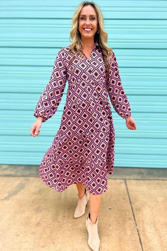 Pink Geometric Long Sleeve Collared Maxi Dress SSYS The Label Trendy A-Line Maxi Dress Pink Geometric Long Sleeve Collared Maxi Dress SSYS The Label Trendy A-Line Maxi Dress