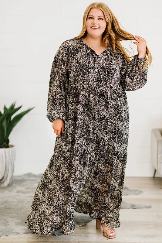Plus Size Paisley Print Balloon Sleeve Maxi Dress Elegant Maxi Dress with Ruffles