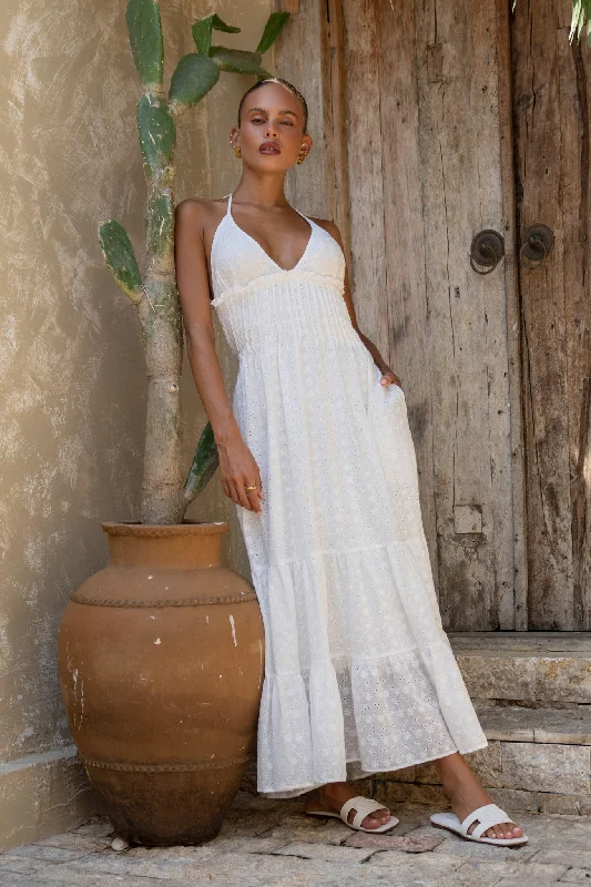 Serena White Broderie Anglais Maxi Dress Comfortable Fitted Maxi Dress