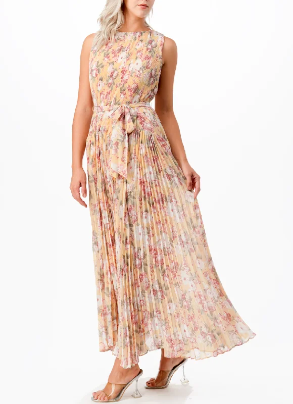 Sleeveless Floral Print Pleated Ruffle Maxi Dress with Waist Tie Elegant Maxi Dress with Slit Sleeveless Floral Print Pleated Ruffle Maxi Dress with Waist Tie Elegant Maxi Dress with Slit