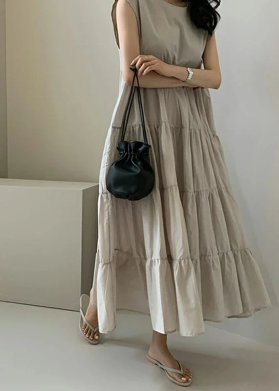 Solid Color Sleeveless V-neck Pleated Layered Lace Up Daily Casual Maxi Dress Apricot Fashionable Asymmetrical Maxi Dress Solid Color Sleeveless V-neck Pleated Layered Lace Up Daily Casual Maxi Dress Apricot Fashionable Asymmetrical Maxi Dress