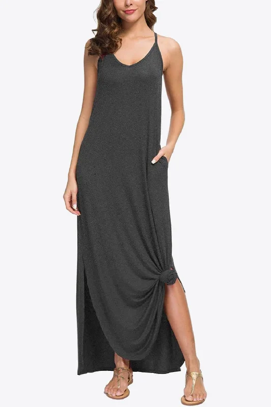 Split Spaghetti Strap Maxi Dress with Pockets Trendy Button Front Maxi Dress