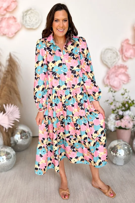 SSYS Pastel Abstract Floral Print Long Sleeve Collared Maxi Dress Fashionable Printed Maxi Dress SSYS Pastel Abstract Floral Print Long Sleeve Collared Maxi Dress Fashionable Printed Maxi Dress