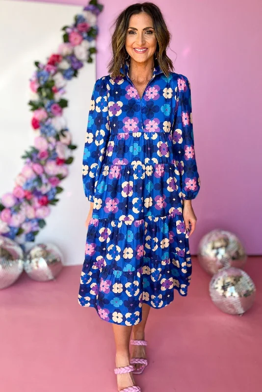 SSYS Vintage Petals Print Long Sleeve Collared Maxi Dress Elegant Lace-Up Maxi Dress