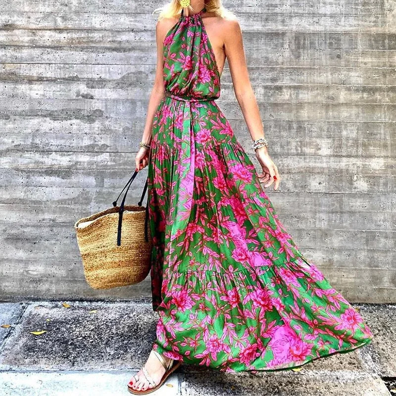 Summer Halter Sleeveless Floral Print Boho Dress for Women Pleated Stitching Maxi Dress High Waist Slim Lace Up Beach Dress 2023 Stylish Button-Up Maxi Dress Summer Halter Sleeveless Floral Print Boho Dress for Women Pleated Stitching Maxi Dress High Waist Slim Lace Up Beach Dress 2023 Stylish Button-Up Maxi Dress