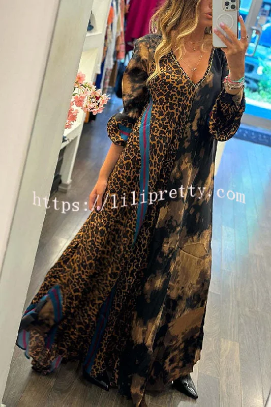 Touch of Fall Tie-dye Leopard Colorblock A-line Swing Maxi Dress Elegant Maxi Dress with Pockets