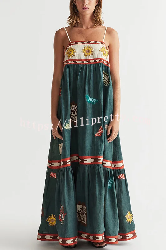 Unique Printed Sexy Suspender Backless Large Hem Maxi Dress Stylish One-Shoulder Maxi Dress