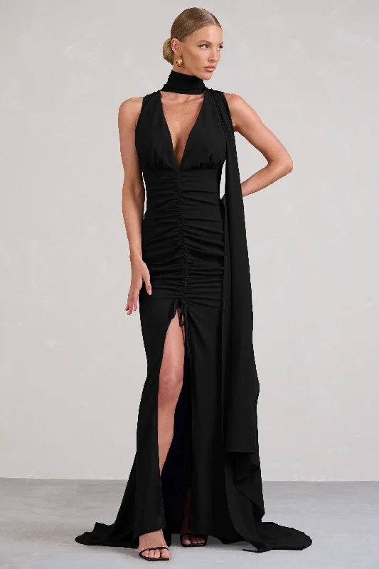 Whimsical | Black Chiffon Plunge Fishtail Maxi Dress With Scarf Design Chic Boho Print Maxi Dress Whimsical | Black Chiffon Plunge Fishtail Maxi Dress With Scarf Design Chic Boho Print Maxi Dress