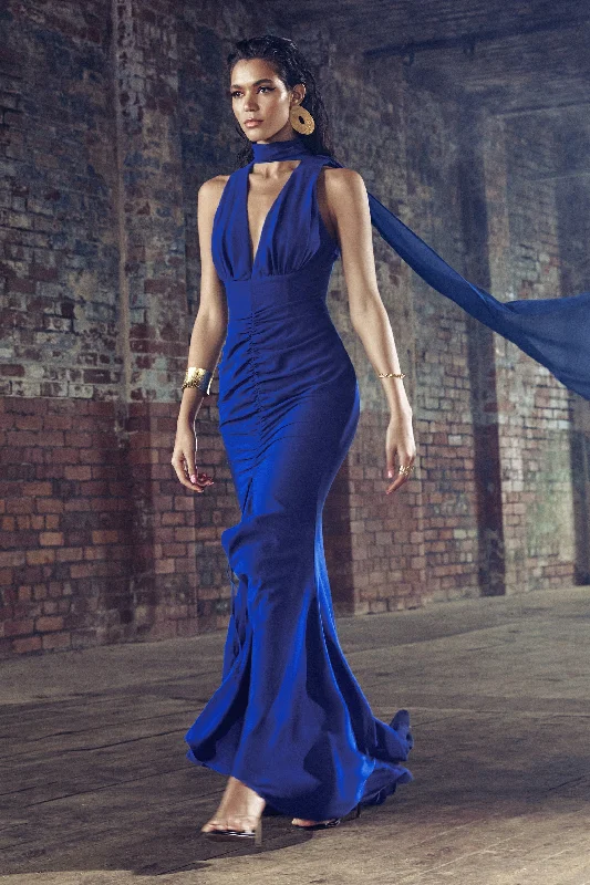 Whimsical | Blue Chiffon Plunge Fishtail Maxi Dress With Scarf Design Classic Tulle Maxi Dress Whimsical | Blue Chiffon Plunge Fishtail Maxi Dress With Scarf Design Classic Tulle Maxi Dress