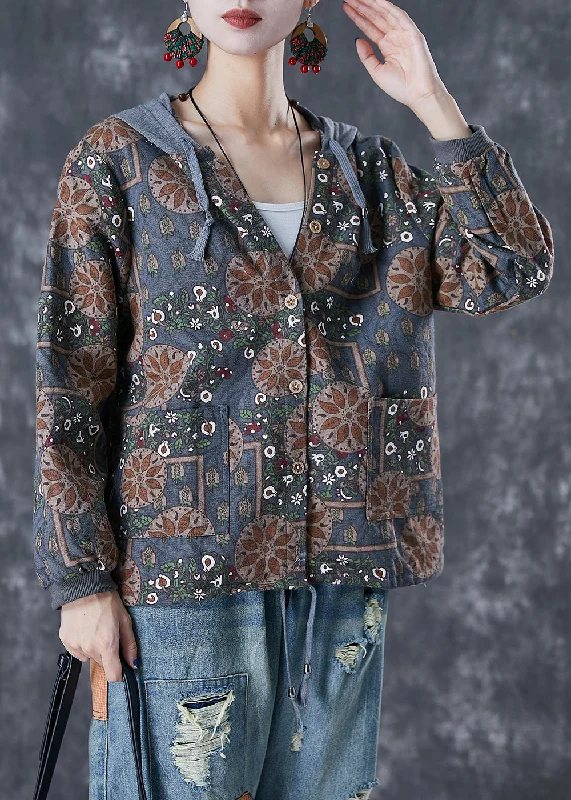 Blue Grey Patchwork Cotton Jackets Hooded Print Fall Satin Jacket Silk Jacket Chiffon Jacket Blue Grey Patchwork Cotton Jackets Hooded Print Fall Satin Jacket Silk Jacket Chiffon Jacket