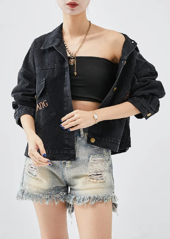 Boutique Black Embroideried Letter Butterfly Denim Jacket Fall Zip Front Button Front Snap Front Boutique Black Embroideried Letter Butterfly Denim Jacket Fall Zip Front Button Front Snap Front