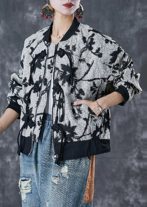French Black Tasseled Print Cotton Jackets Fall Hooded Jacket Caped Jacket Shawl Collar Jacket French Black Tasseled Print Cotton Jackets Fall Hooded Jacket Caped Jacket Shawl Collar Jacket
