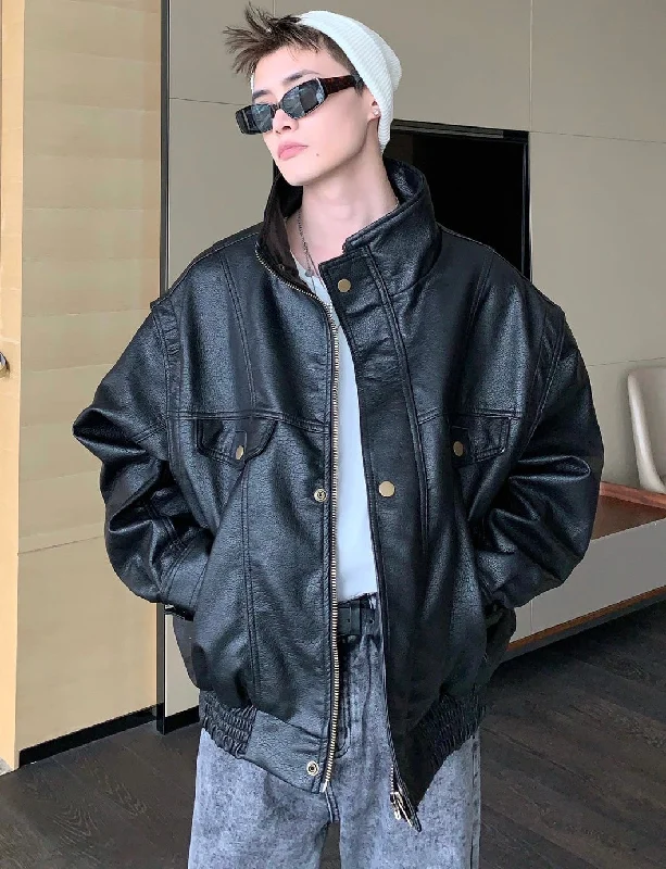 Gaven Solid Color Black Faux Leather Zip Up Button Up Long Sleeve Jacket Anorak Shell Jacket Lightweight Jacket Gaven Solid Color Black Faux Leather Zip Up Button Up Long Sleeve Jacket Anorak Shell Jacket Lightweight Jacket
