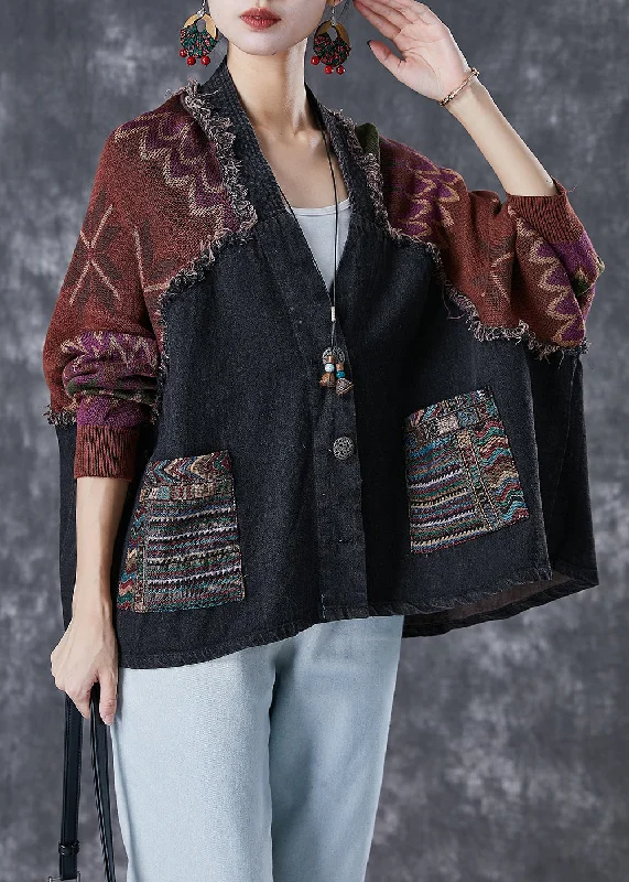 Handmade Black Oversized Patchwork Knit Denim Jackets Fall Striped Jacket Polka Dot Jacket Floral Jacket Handmade Black Oversized Patchwork Knit Denim Jackets Fall Striped Jacket Polka Dot Jacket Floral Jacket