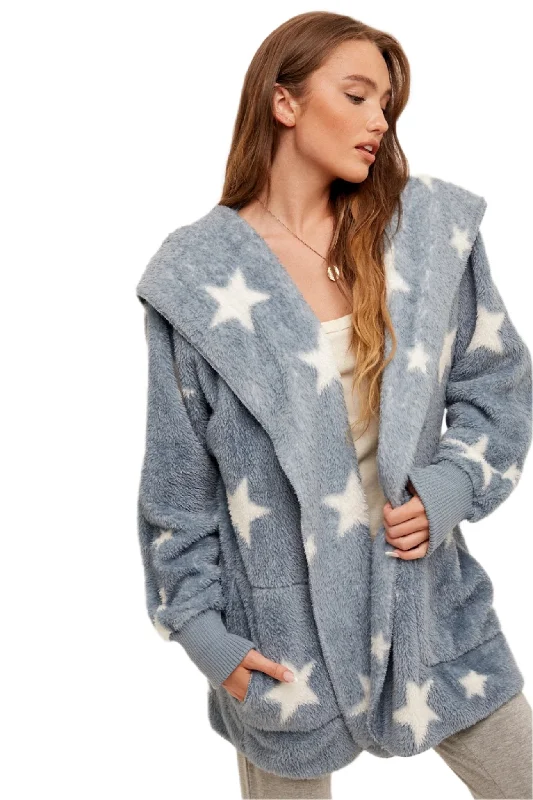 Hem & Thread Star Print Fuzzy Hooded Jacket 8431W Oversized Jacket Tailored Jacket Straight Jacket Hem & Thread Star Print Fuzzy Hooded Jacket 8431W Oversized Jacket Tailored Jacket Straight Jacket