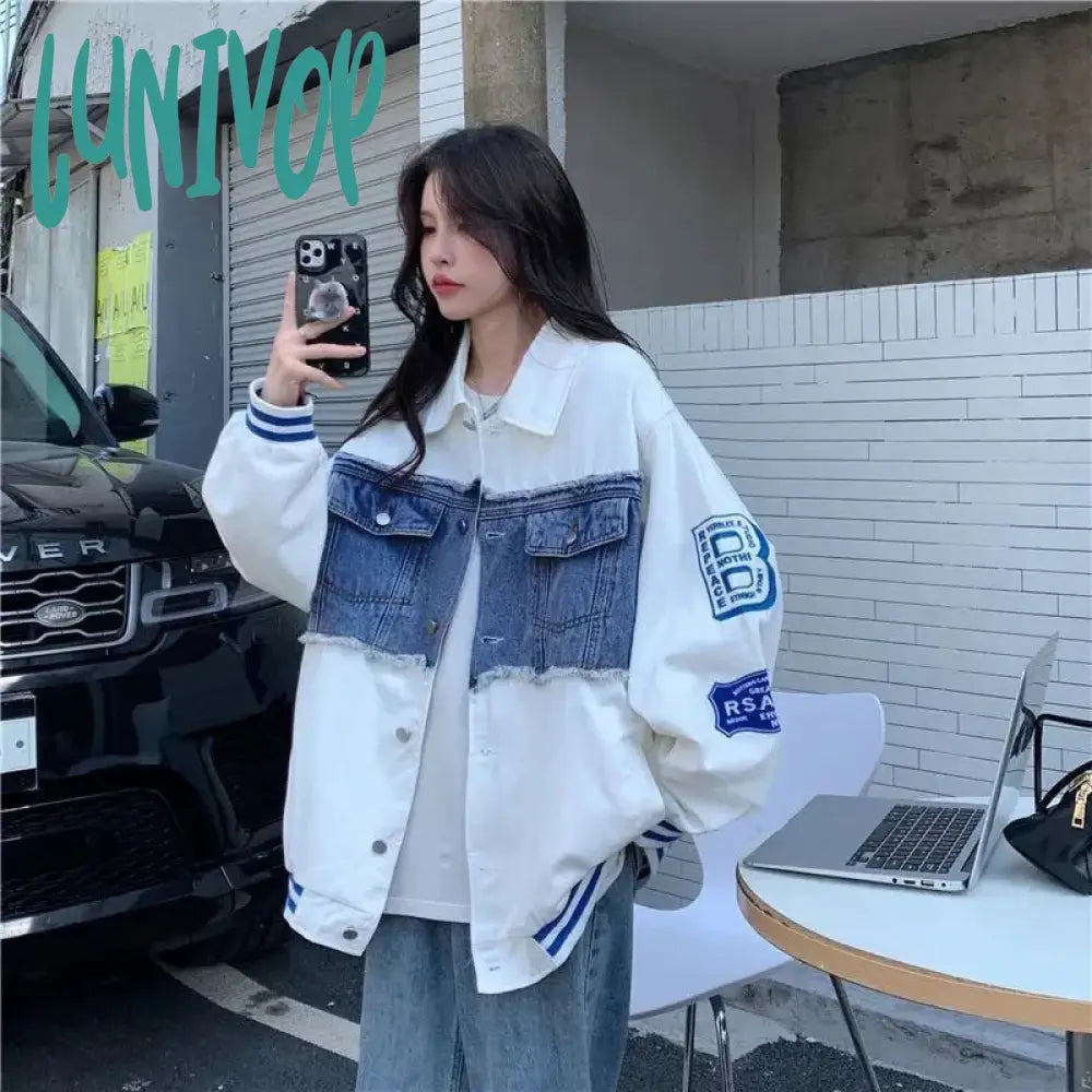 Lunivop Streetwear Bomber Jacket Women Y2K Oversized Denim Patchwork Baseball Coat Vintage Korean Letter Print Casual Outerwear Front Pockets Side Pockets Patch Pockets Lunivop Streetwear Bomber Jacket Women Y2K Oversized Denim Patchwork Baseball Coat Vintage Korean Letter Print Casual Outerwear Front Pockets Side Pockets Patch Pockets