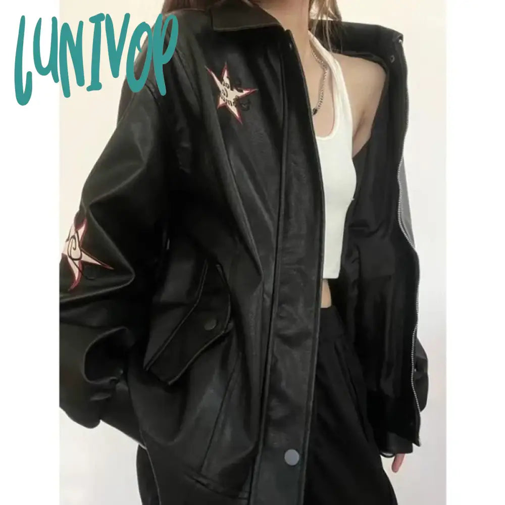 Lunivop Streetwear Pu Leather Jackets Women Oversized Embroidery Coat Harajuku Vintage Turn Down Collar Loose Casual Outwear Tops Welt Pockets Slit Pockets Flap Pockets Lunivop Streetwear Pu Leather Jackets Women Oversized Embroidery Coat Harajuku Vintage Turn Down Collar Loose Casual Outwear Tops Welt Pockets Slit Pockets Flap Pockets