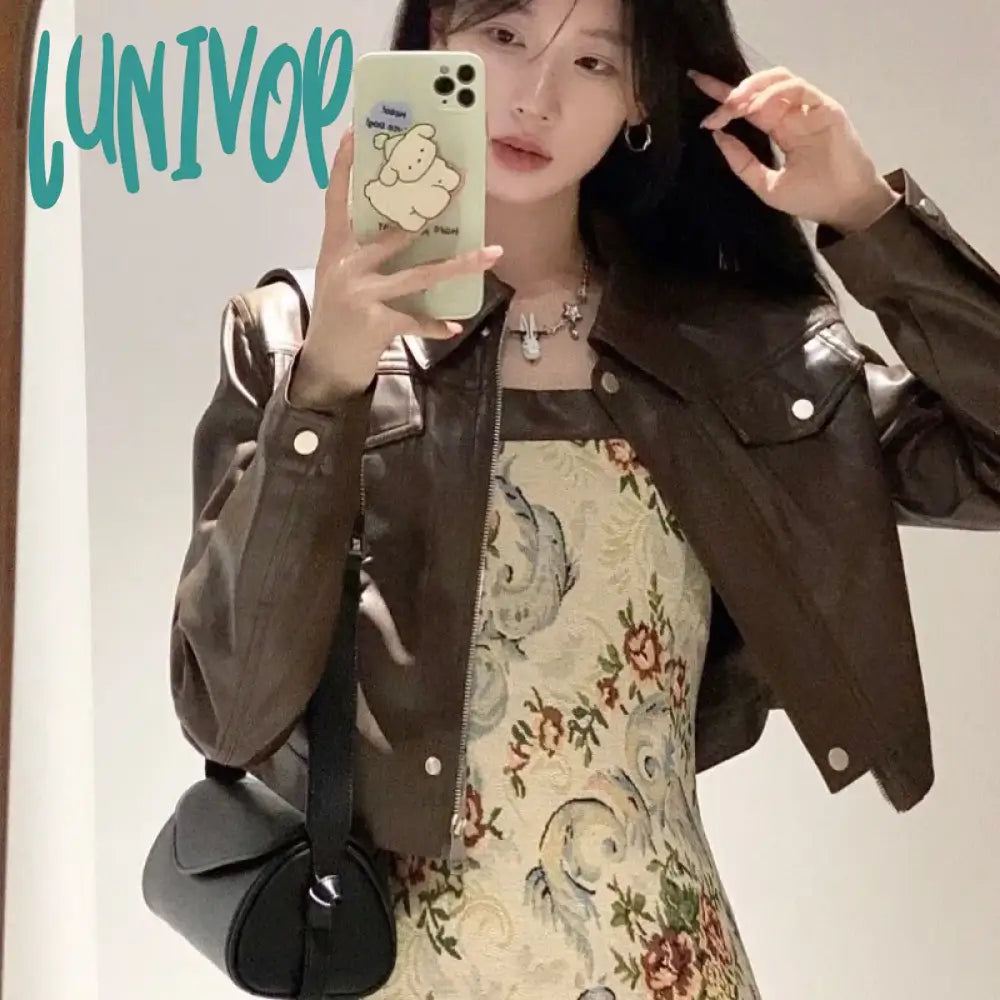 Lunivop Vintage Crop Brown Leather Jacket Women Korean Style Streetwear Fashion Short Motorcycle Jackets Harajuku Chic Elegant Herringbone Jacket Checkered Jacket Solid Jacket Lunivop Vintage Crop Brown Leather Jacket Women Korean Style Streetwear Fashion Short Motorcycle Jackets Harajuku Chic Elegant Herringbone Jacket Checkered Jacket Solid Jacket