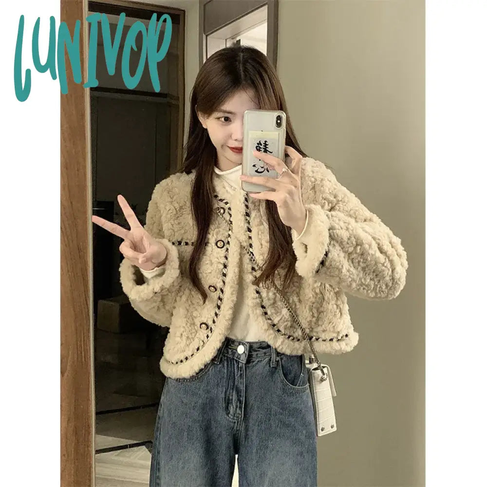 Lunivop Vintage Lamb Wool Coats Women Elegant Cropped Faux Fur Quilted Jacket Winter Ladies Korean Thicken Warm Short Outwear New Notch Collar Peter Pan Collar Cowl Neck Lunivop Vintage Lamb Wool Coats Women Elegant Cropped Faux Fur Quilted Jacket Winter Ladies Korean Thicken Warm Short Outwear New Notch Collar Peter Pan Collar Cowl Neck