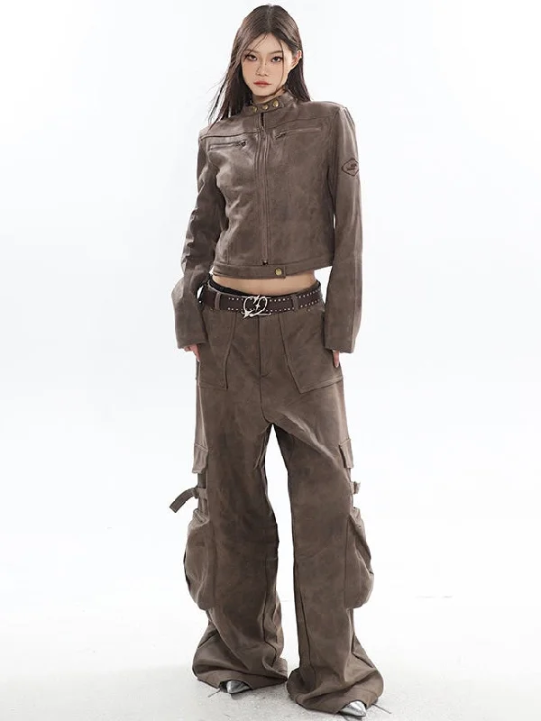 Natasha Washed Leather Zip Up Multi-Zipper Long Sleeve Jacket + High Waist Straight Leg Multi Pocket Cargo Long Baggy Pants Matching Set Satin Fabric Silk Fabric Chiffon Fabric Natasha Washed Leather Zip Up Multi-Zipper Long Sleeve Jacket + High Waist Straight Leg Multi Pocket Cargo Long Baggy Pants Matching Set Satin Fabric Silk Fabric Chiffon Fabric